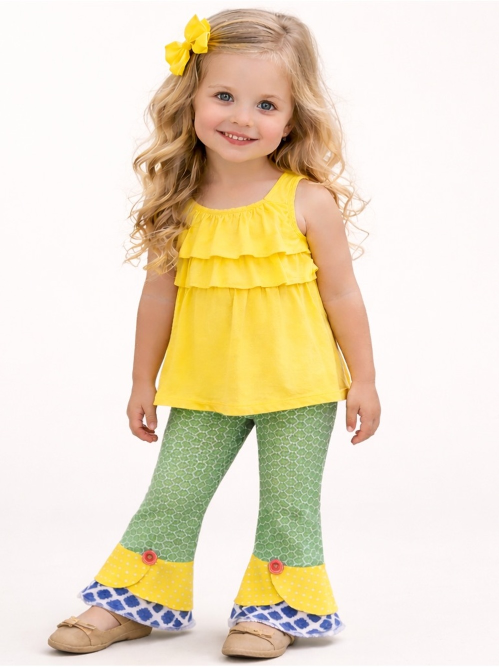 Matilda Jane Girls Ruffle Pants Size 4 NWT Green & Yellow Tiered Flare